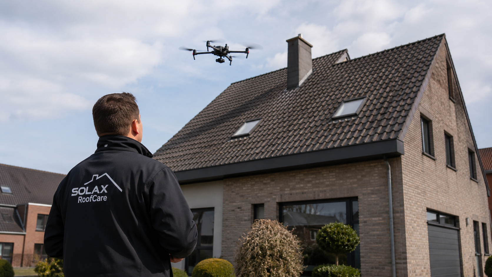Inspection de toiture vue de près avec présence du technicien et du drone