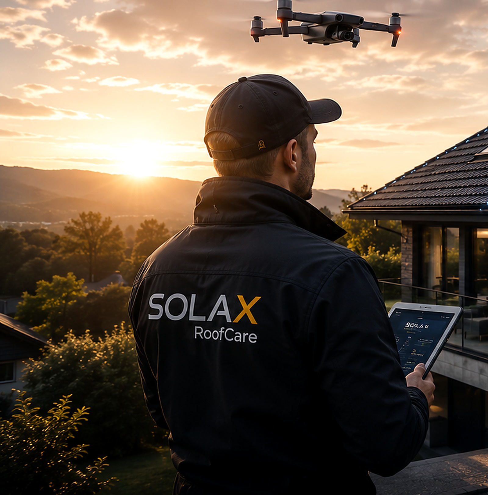 Technicien SOLAX RoofCare avec tablette lors d’une inspection de toiture